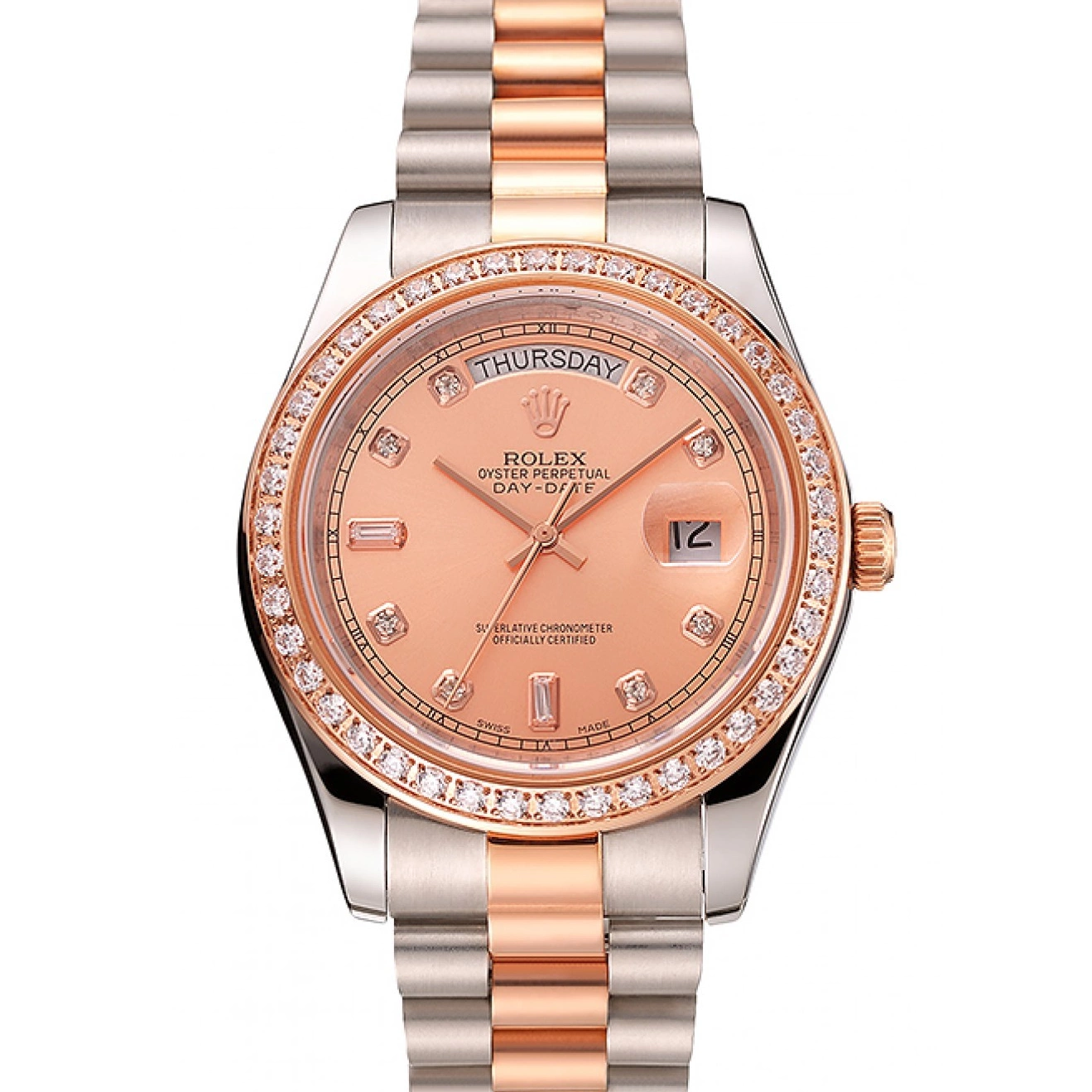 Aaa replica watch Rose Steel And Staineless Swiss Diamonds Bezel Rolex Day-Date Bracelet Gold 1454107 0803